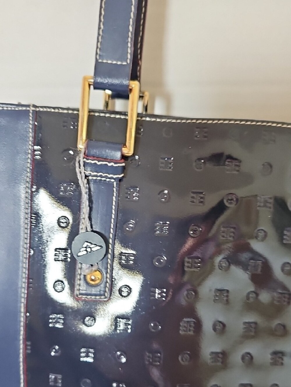 Arcadia Navy Patent Shoulder Tote with Gold Hardware - Picture 3 of 15